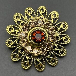 Yellow Gold with Champagne and Brown Topaz Crystal Ornate Flower Pin Back Brooch